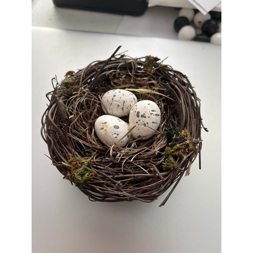 Decorative Twig Bird Nest with Three Speckled White Faux Eggs Farmhouse Decor